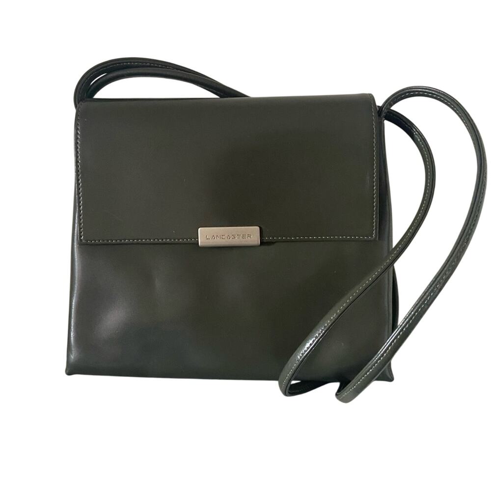 Lancaster Paris Vintage Olive Green Patent Leather Box Shoulder Bag